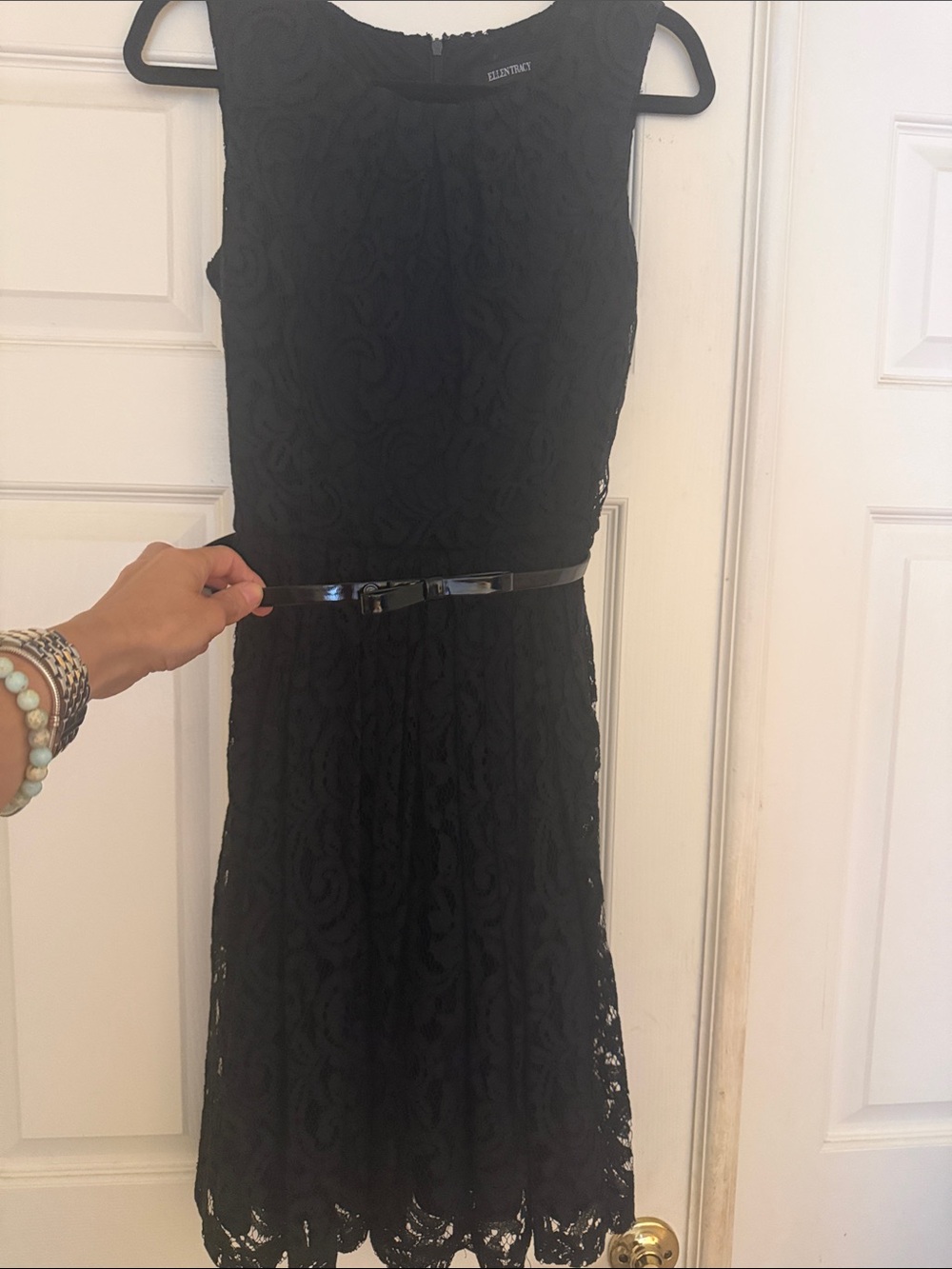 Black Lace Fit-and-Flare Dress with Belt